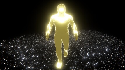 Fototapeta premium Glowing Human Silhouette Walking Through a Starry Universe Scene