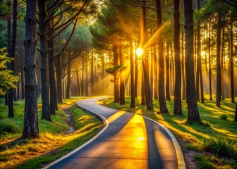 Serene Dawn Bike Path: Sunlit Pine Forest Cycling Photography