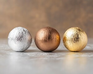 A close-up view of three decorative chocolate balls, wrapped in silver, bronze, and gold foil