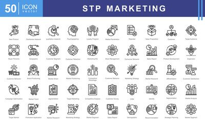 STP marketing icon collection set. Containing target audience, customer needs, value proposition, loyalty program, marketing mix, retention, buyer persona icon.