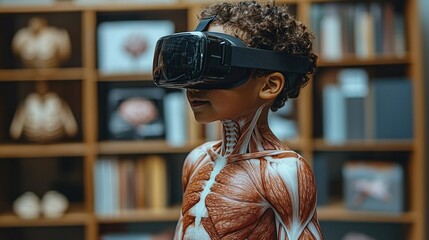 Child in VR headset exploring human anatomy.