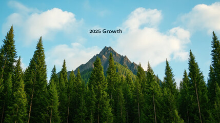2025 Reflection and Growth concept. Serene mountain scene with lush green trees and clear blue sky