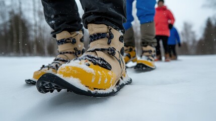 Focused on the lead adventurer's snow-covered snowshoes, a group treks energetically through a frosty forest trail.