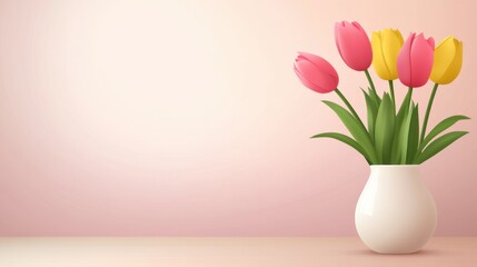 Obraz premium Colorful Tulips in a White Vase with Soft Background for Spring Theme