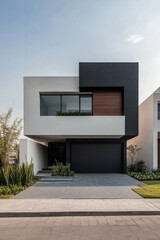 Modern house exterior with sleek design and warm lighting in a suburban neighborhood during twilight hours