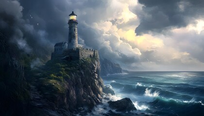 A dramatic lighthouse stands atop a rocky cliff, illuminated by a warm light, as turbulent waves crash below, contrasting with the moody clouds illuminating the stormy sky.