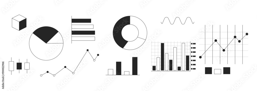 Poster data visualization charts black and white 2d line objects set. piechart, bar graphs, scatter plots. 