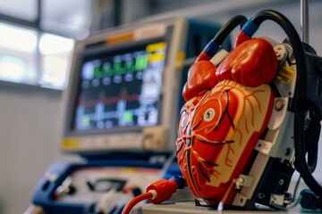 Artificial heart pumping on a medical device, simulating organ transplantation surgery with an ekg monitor in a hospital operating room