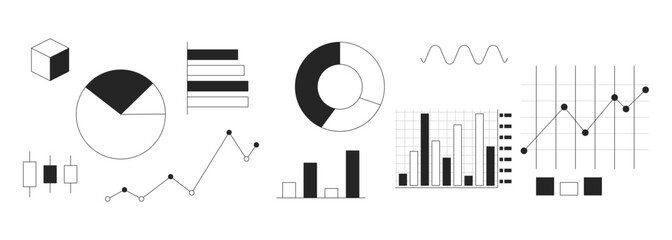 Data visualization charts black and white 2D line objects set. Piechart, bar graphs, scatter plots. Analysis diagrams isolated clip arts vector outline items collection. Monochrome spot illustrations