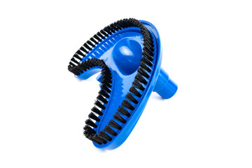 A brush made of blue plastic with black bristles on a white background