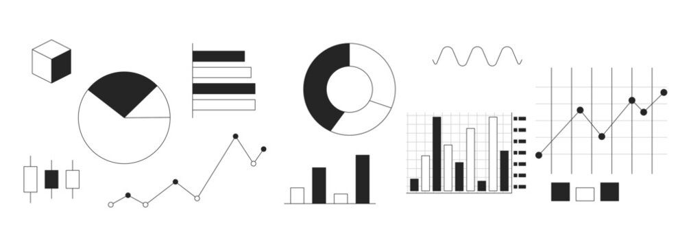 Data visualization charts black and white 2D line objects set. Piechart, bar graphs, scatter plots. Analysis diagrams isolated clip arts vector outline items collection. Monochrome spot illustrations