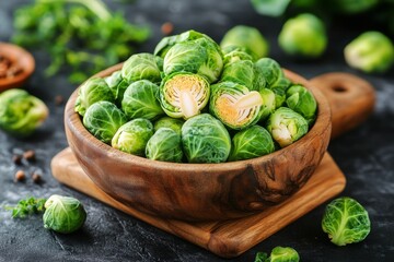 Fresh brussels sprouts in a wooden bowl on a rustic cutting board with herbs in the background at a kitchen