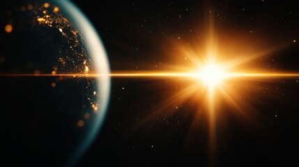 A captivating space image showing the Earth glowing from sunlight in the vastness, symbolizing life and unity in the immense universe surrounding it.