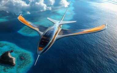 Fototapeta premium A futuristic aircraft soaring over crystal-clear waters and lush islands, showcasing advanced design and eco-friendly technology in aviation.