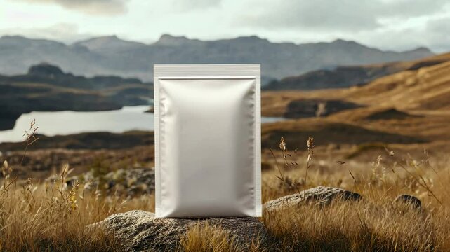 A white bag is sitting on a rock in a field
