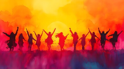 Fototapeta premium Watercolor painting of a lively neighborhood gathering, filled with music, dancing, and shared happiness