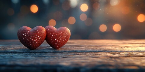 Fototapeta premium Red Wooden Hearts on Wooden Table with Soft-Focus Romantic Background – Valentine's Day Celebration Banner