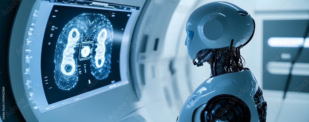 Poster a futuristic robot examines intricate data on a monitor, showcasing the intersection of artificial i