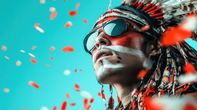 Person wearing a creatively styled feathered headdress and sunglasses against a dynamic background of petals, showcasing a blend of art and modern expression.