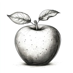 Monochrome illustration of a single apple with leaves, detailed shading and texture.