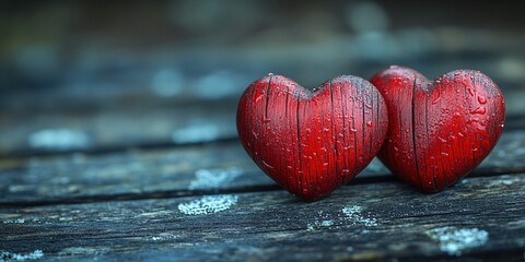 Fototapeta premium Red Wooden Hearts on Wooden Table with Soft-Focus Romantic Background – Valentine's Day Celebration Banner