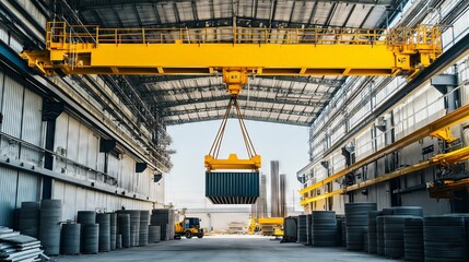 Bridge crane lifting container in large industrial warehouse - obrazy, fototapety, plakaty