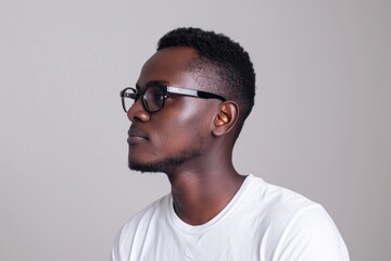 Obraz premium Confident young African American man in casual attire and glasses.