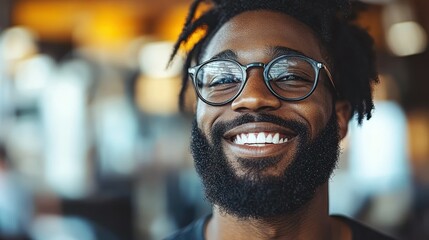 Fototapeta premium Smiling man with glasses in a relaxed setting.