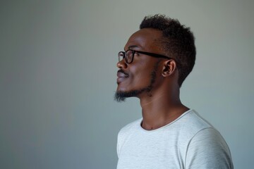Obraz premium Confident young African American man in casual attire and glasses.