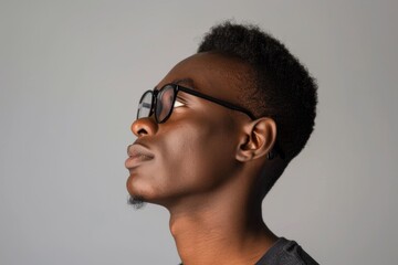 Obraz premium Confident young African American man in casual attire and glasses.