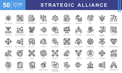 trategic alliance icon collection set. Containing partnership, collaboration, joint venture, cooperative agreement, synergy, shared objective, mutual benefit icon.