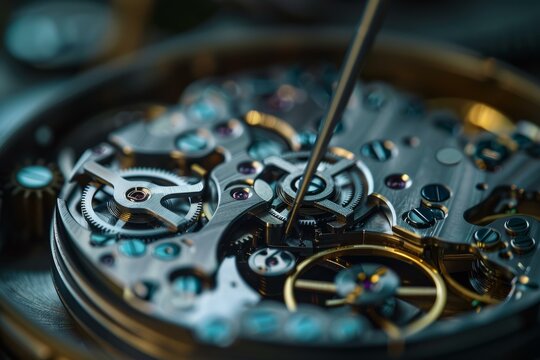 Close up of watchmaker using tweezers, carefully adjusting tiny watch parts of a mechanical wrist watch