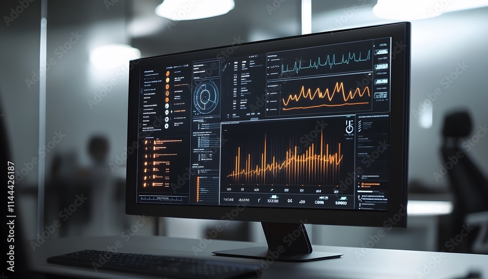 Poster A modern computer monitor displaying advanced analytics and data visualizations, ideal for tech and business environments