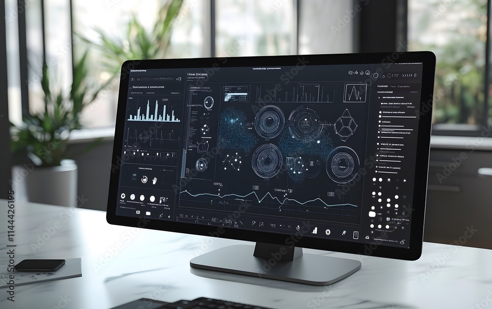 Poster a modern computer monitor displaying advanced analytics and visual data in a well-lit office setting
