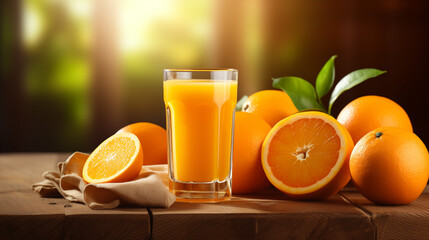 Naklejka premium Glass of orange juice and oranges on the wooden table