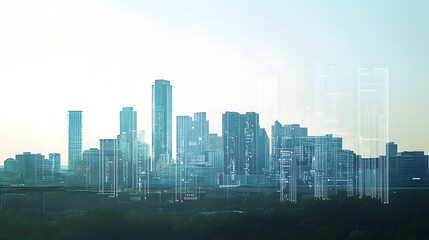 Fototapeta premium A modern city skyline featuring tall buildings with a backdrop of a hazy sky, blending architectural innovation with an urban environment, perfect for showcasing metropolitan life.