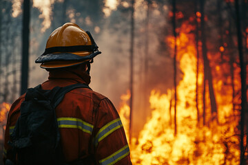Fototapeta premium Generative AI Depiction of a Brave Firefighter Battling Intense Flames and Smoke with Determination and Courage