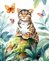 Adorable Clouded Leopard Cub on Rock, Tropical Jungle, Butterflies, Childrens Book Illustration.