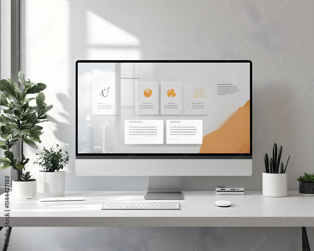 Poster a modern workspace featuring a sleek computer monitor displaying graphs and charts