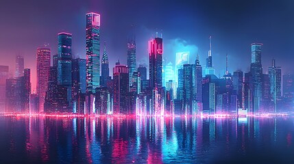 Urban cityscape with towering skyscrapers and illuminated buildings against a vibrant night sky