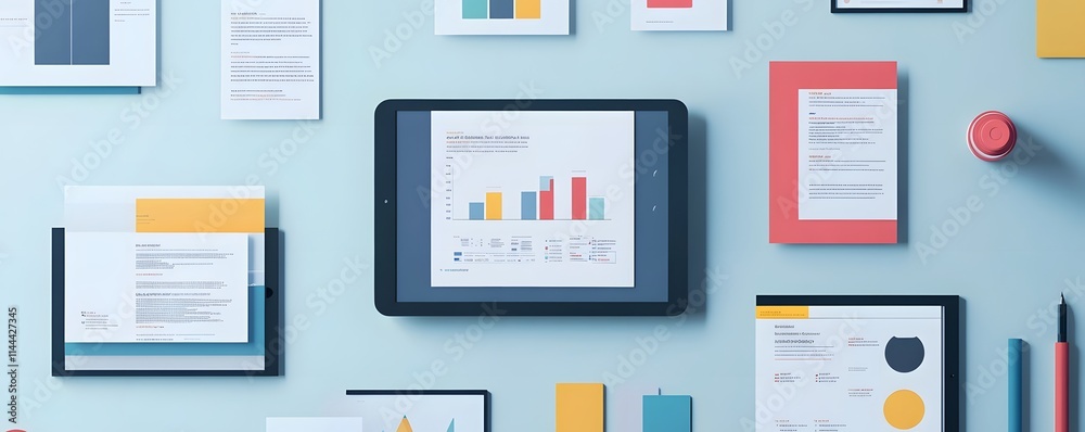 Poster a modern workspace featuring a tablet displaying colorful graphs and charts. surrounding documents a
