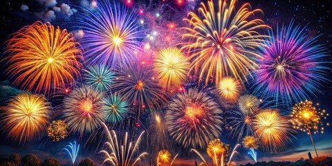 Surreal Fireworks Night Holiday Background, Magical Festive Display, Dreamlike Celebration, Abstract Firework Art