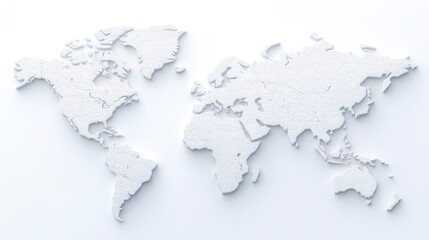 A minimalist world map design in white, highlighting continents and oceans, perfect for modern decor or educational purposes.
