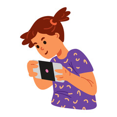 Girl playing smartphone flat vector illustration isolated on white.