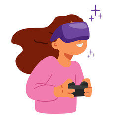 Girl wearing virtual reality headset with gamepad flat vector illustration isolated on white.