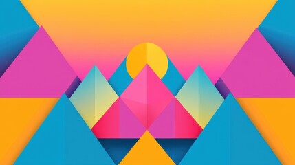 Obraz premium Colorful Geometric Landscape with Sun and Triangular Mountains