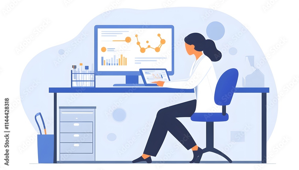 Poster a professional woman working at a modern desk, analyzing data on a computer screen with graphs and c