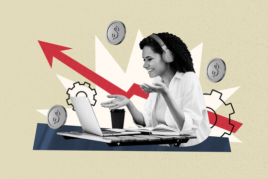Trend artwork sketch image 3D photo collage of trader business job gear charts young lady work laptop earn money listen headphones meeting