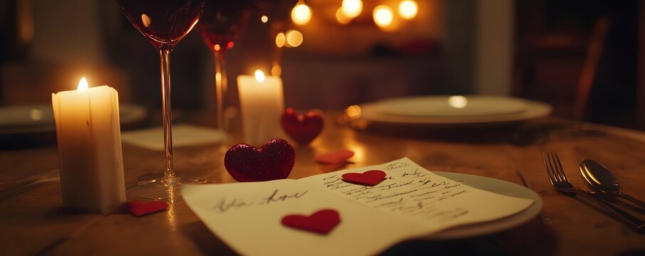 A romantic dinner setting featuring candles, wine glasses, and heartfelt notes with red hearts, perfect for celebrating love and special moments with a partner.