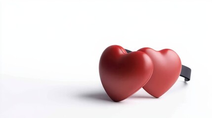 Two red heart shapes resting together on a black strap, symbolizing love and connection, set against a clean, white background.